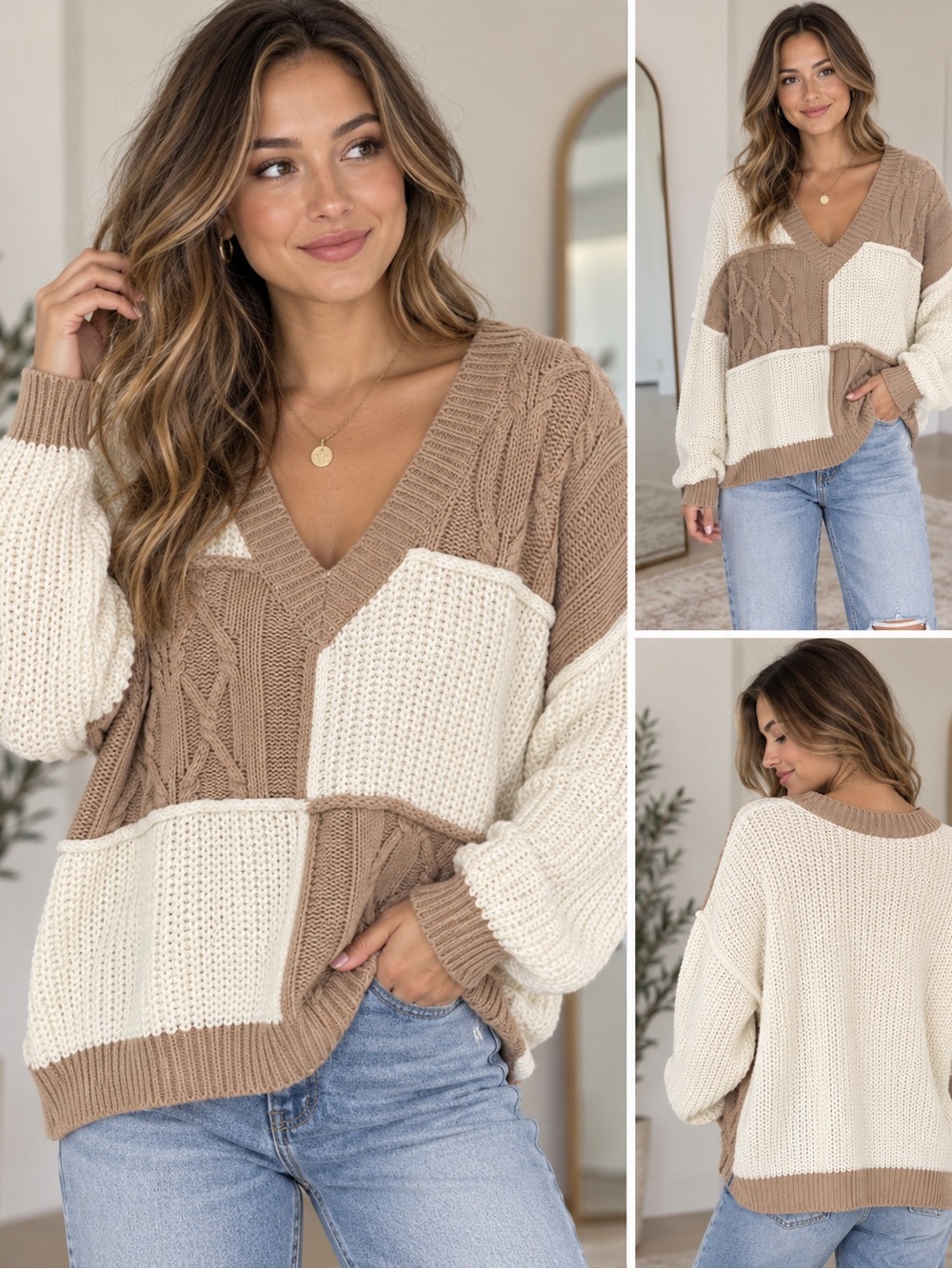 Wishlist Cream Taupe Patchwork Cable Knit V-Neck Sweater M/L NWT